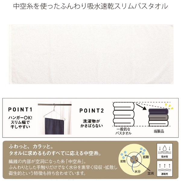 中空糸を使ったふんわり吸水速乾スリムバスタオル(ホワイト)