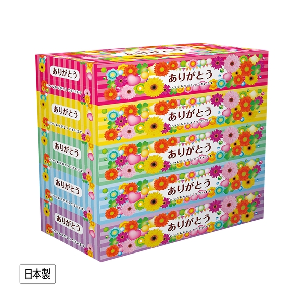 ありがとうBOXティッシュ150W5個組 【生活消耗品】